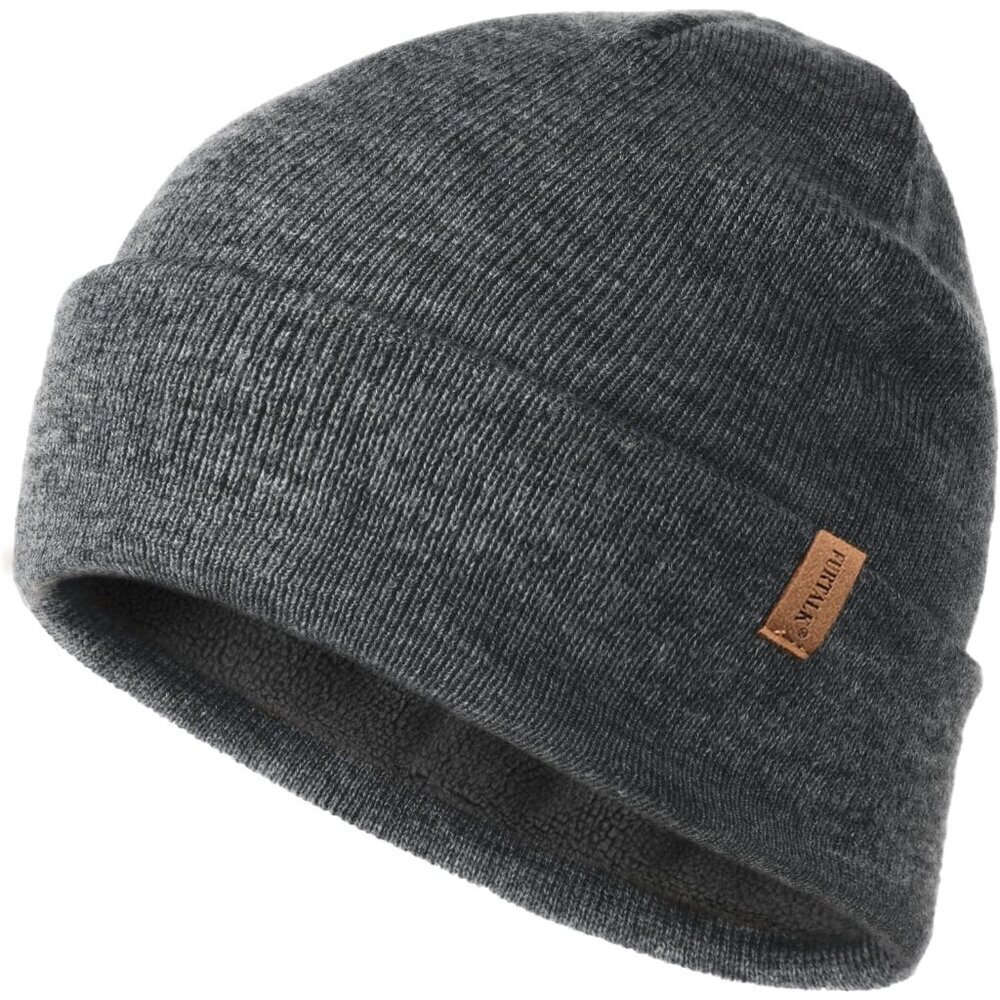 Men's Grey Beanie Fleece Lined Double Layered Stylish Knitted Cuffed Plain Hat